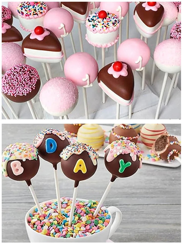 A collection of pink and chocolate lollipops on paper sticks, some decorated with sprinkles and tie closures.