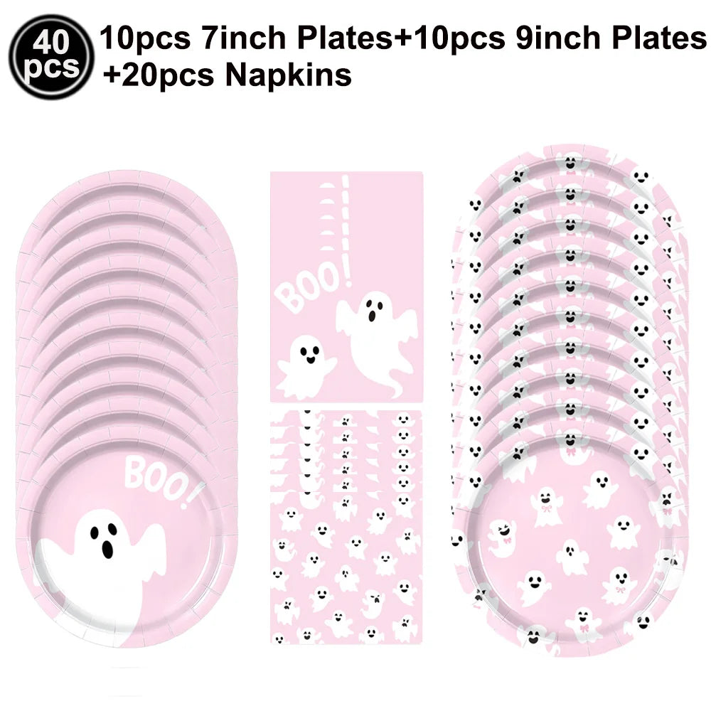Pink ghost Halloween party tableware set including 7 inch and 9 inch plates and napkins