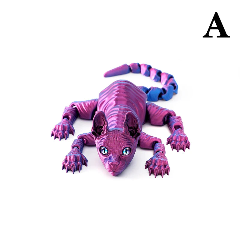 A purple and blue Sphynx cat figurine fidget toy with long, curled tail.