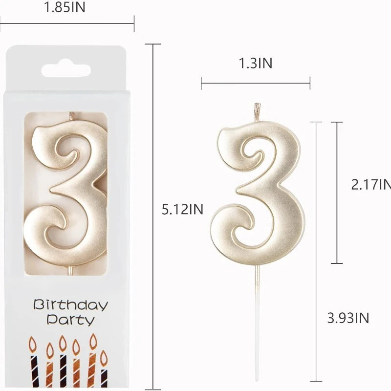Gold number candles shaped like the number three for birthday party decor