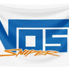 A white banner flag featuring the blue text NOS with an orange sniper graphic and an arrow pointing to the right.