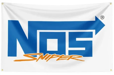 A white banner flag featuring the blue text NOS with an orange sniper graphic and an arrow pointing to the right.