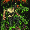 A dark, stylized illustration of a character with a chainsaw, set against a vibrant green background and featuring the text D