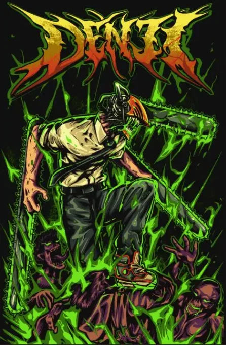 A dark, stylized illustration of a character with a chainsaw, set against a vibrant green background and featuring the text D