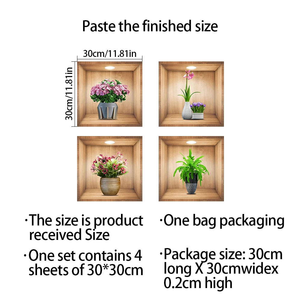 Un ensemble de quatre feuilles de décoration végétale dans une boîte, montrant les dimensions et les détails de l'emballage.