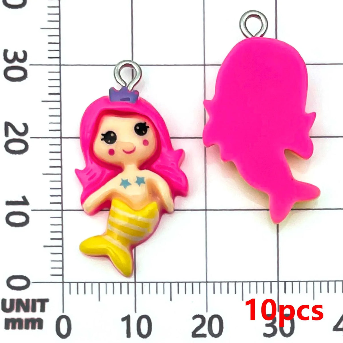 Pink resin mermaid princess charm with a purple crown and yellow tail