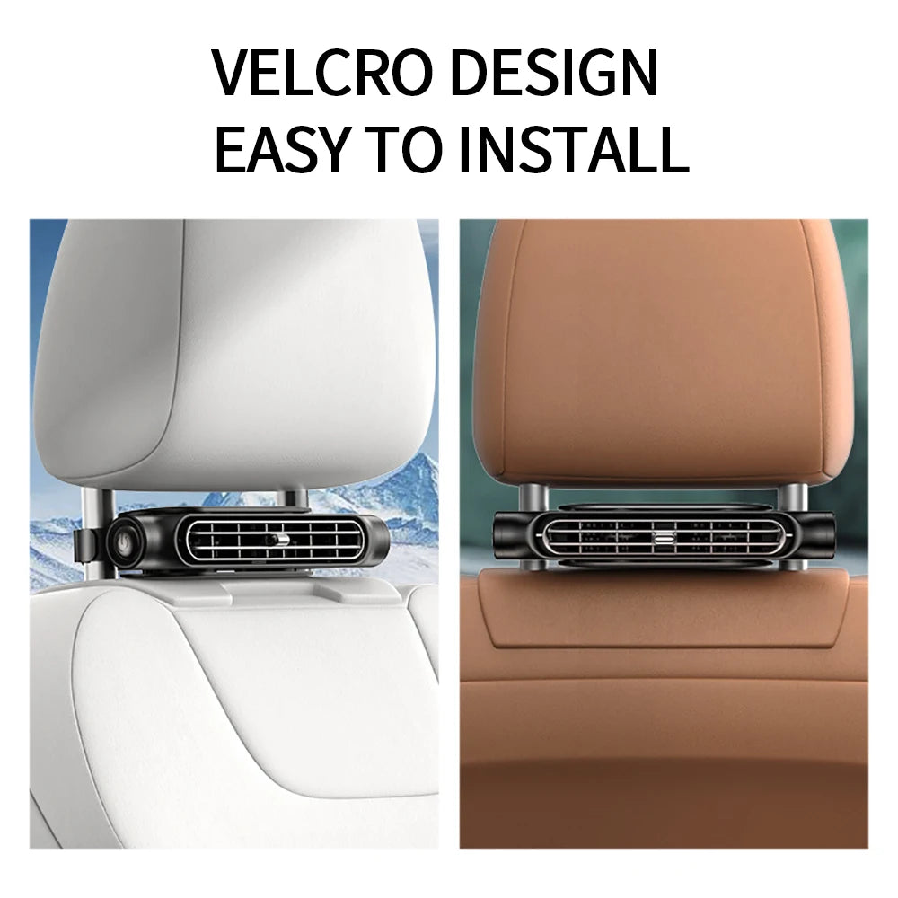 Close-up view of a car backseat cooling fan with a velcro design installed in both white and brown upholstery.