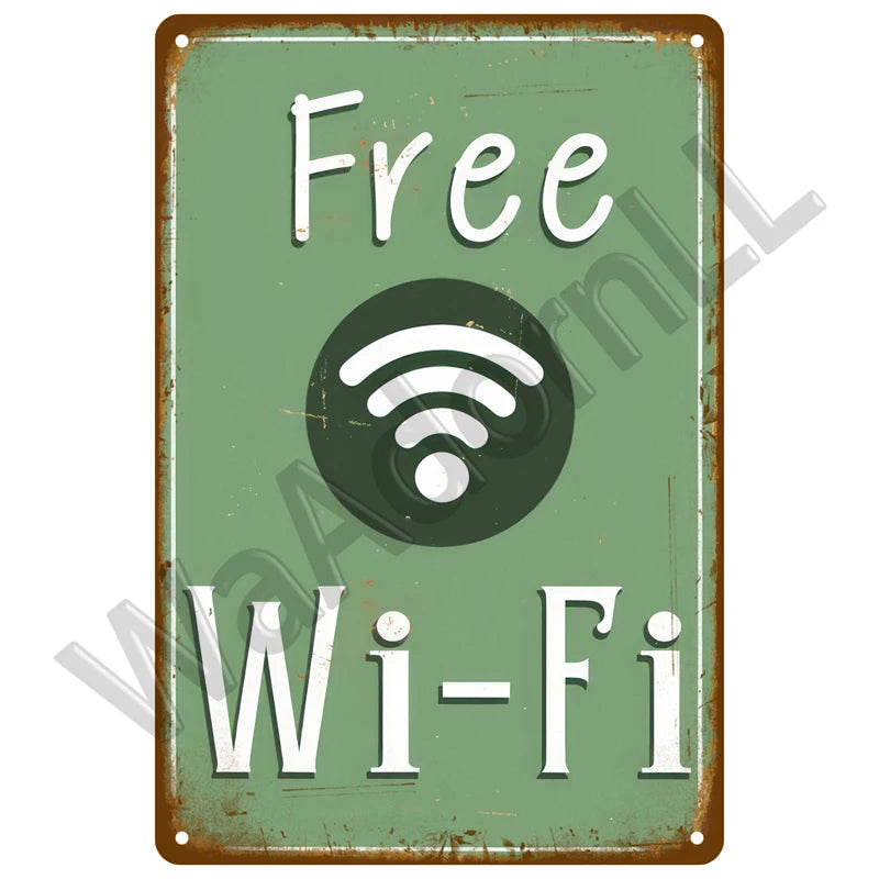 A weathered green metal plaque with the text Free Wi-Fi and a white Wi-Fi symbol.