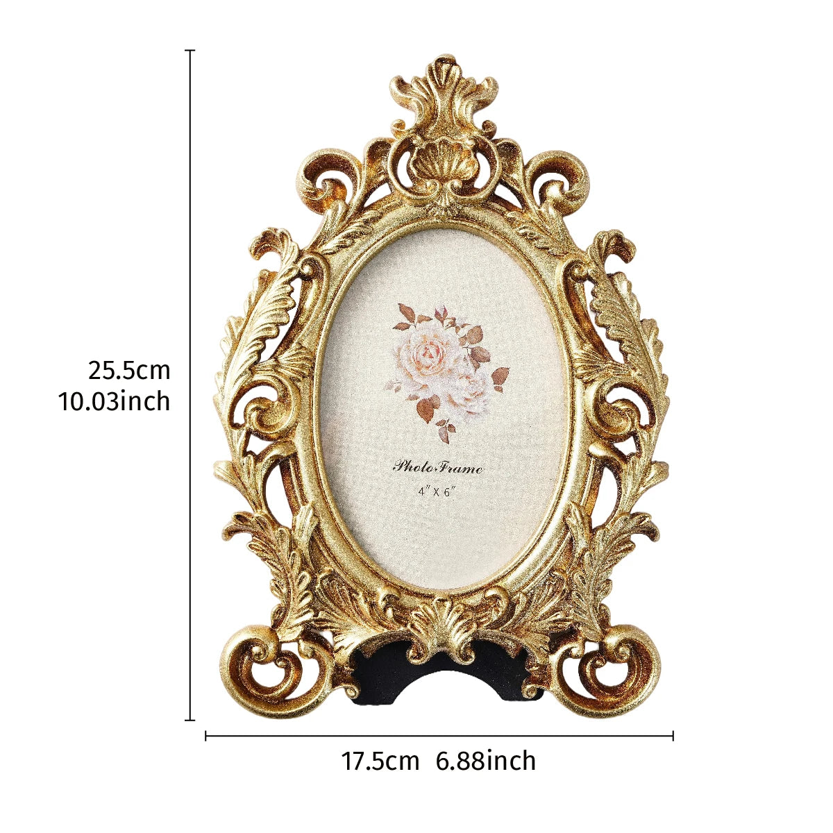 Vintage gold oval resin picture frame with ornate detailing and a white background