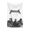 A white flag tapestry featuring a black stylized text design and three silhouettes of people.