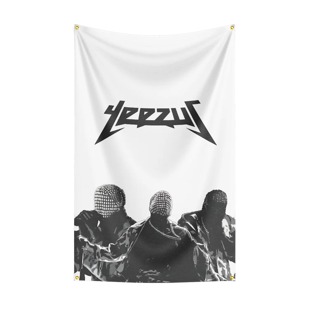 A white flag tapestry featuring a black stylized text design and three silhouettes of people.