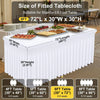 White elastic fitted spandex tablecloth suitable for a standard 6 foot table with dimensions of 72L x 30W x 30H
