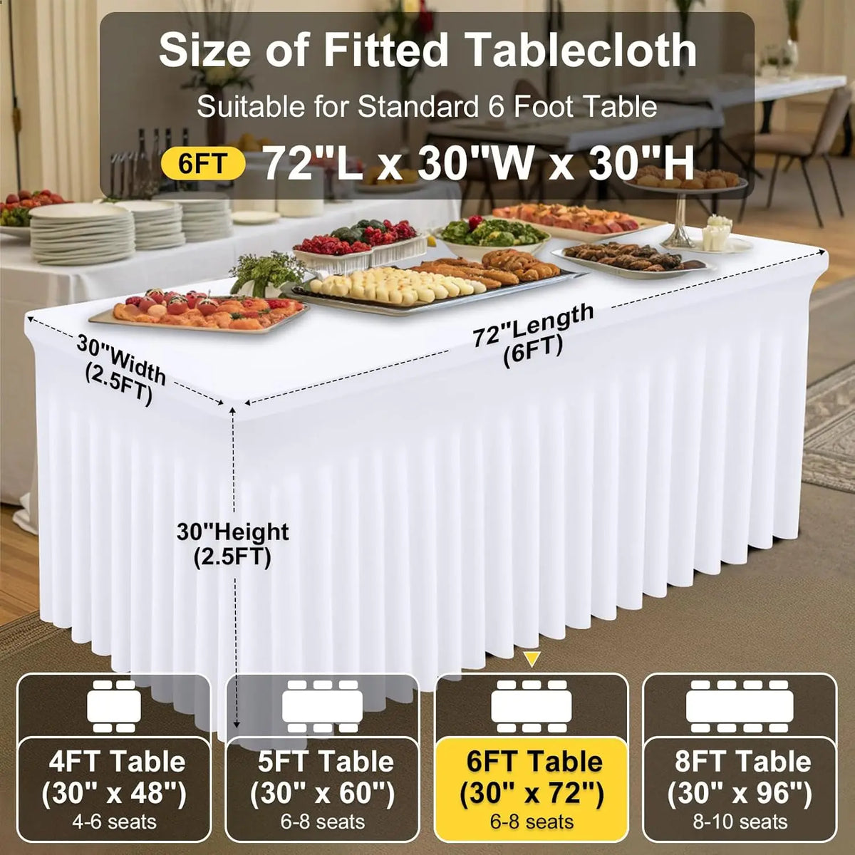 White elastic fitted spandex tablecloth suitable for a standard 6 foot table with dimensions of 72L x 30W x 30H