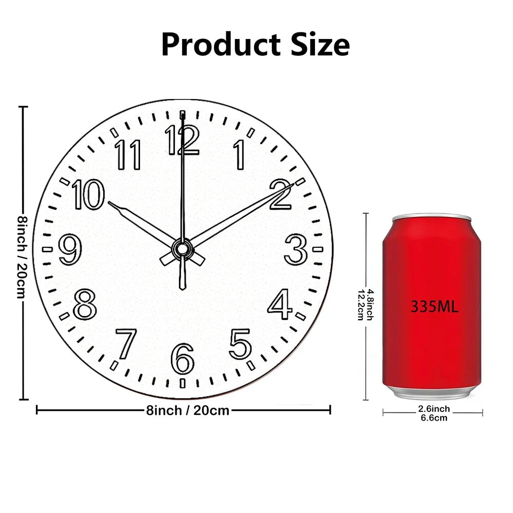 A minimalist round wall clock face showing the numbers and hands, next to a red can labeled 335ML.
