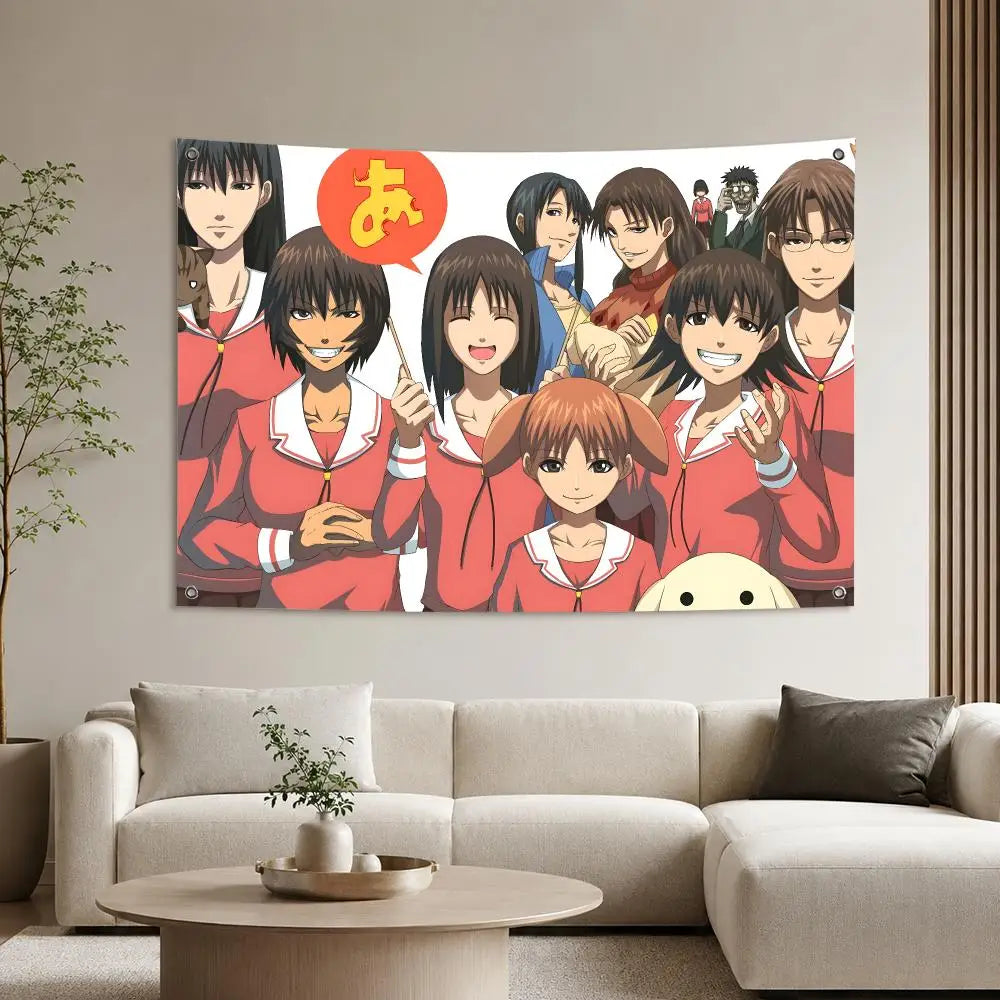 A vibrant anime wall tapestry featuring characters from Azumanga Daioh in a colorful illustration.