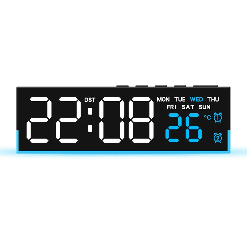 A digital LED alarm clock displaying the time 22:08 and temperature 26 degrees with day of the week indicators.