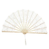 Elegant hollowout lace handheld fan with a light beige color and delicate floral pattern