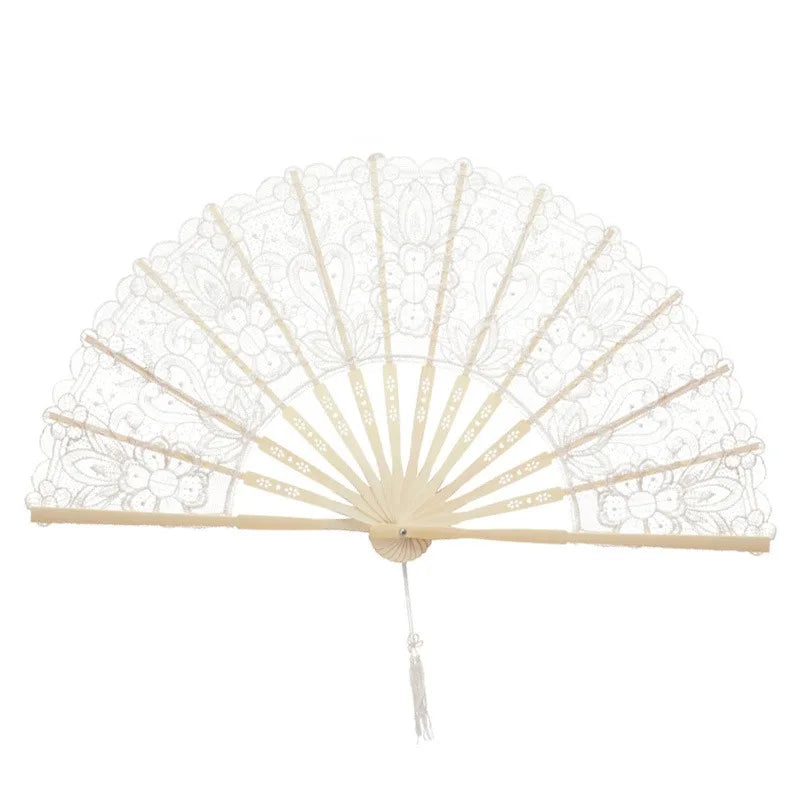 Elegant hollowout lace handheld fan with a light beige color and delicate floral pattern