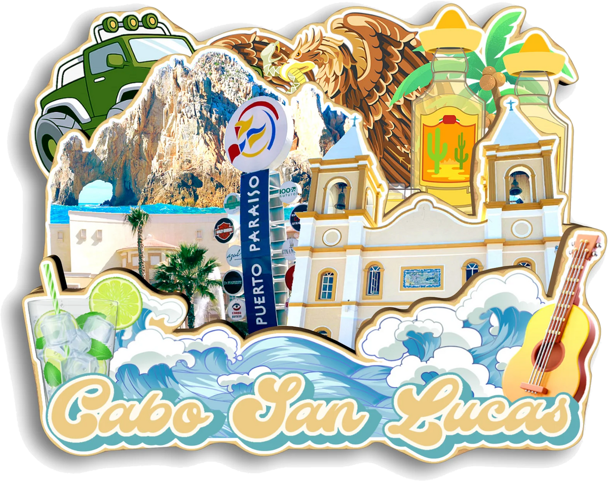 A colorful souvenir featuring a depiction of Mexico City landmarks, including a statue, a palm tree, and colonial architectur