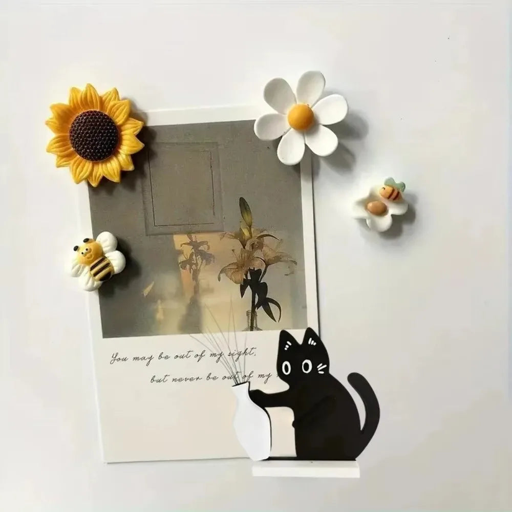 Magnetic acrylic cat whiskers decor featuring a black cat silhouette and white flower accents.