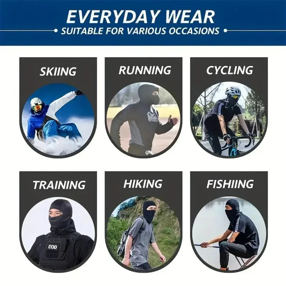 A collection of five masks used for various outdoor sports including skiing, running, cycling, training, hiking, and fishing.