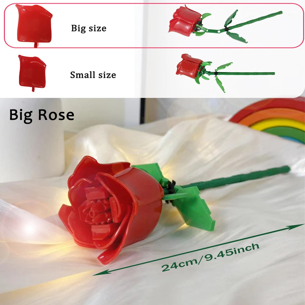A red rose flower made from building blocks with a green stem, shown next to size comparisons.