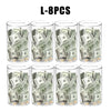 Eight transparent acrylic money saving jars filled with US dollar bills and coins.
