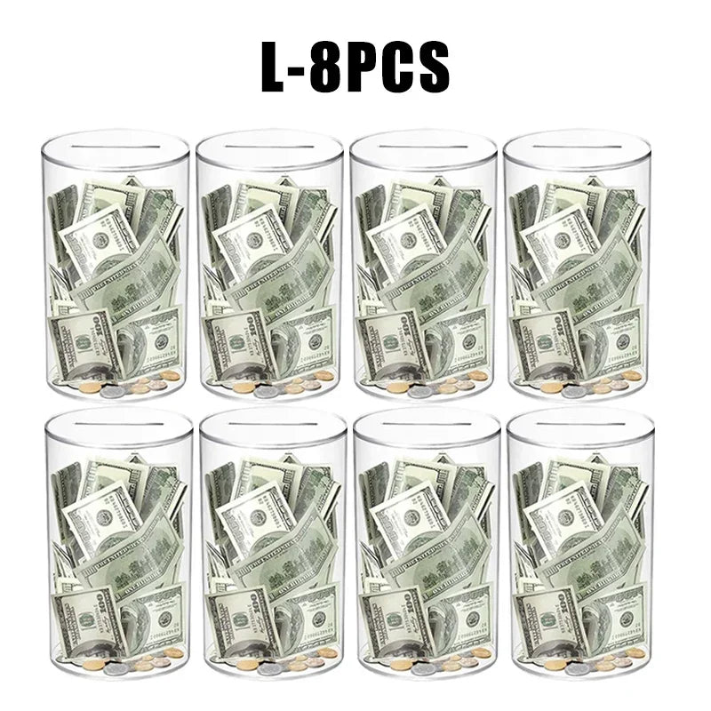 Eight transparent acrylic money saving jars filled with US dollar bills and coins.