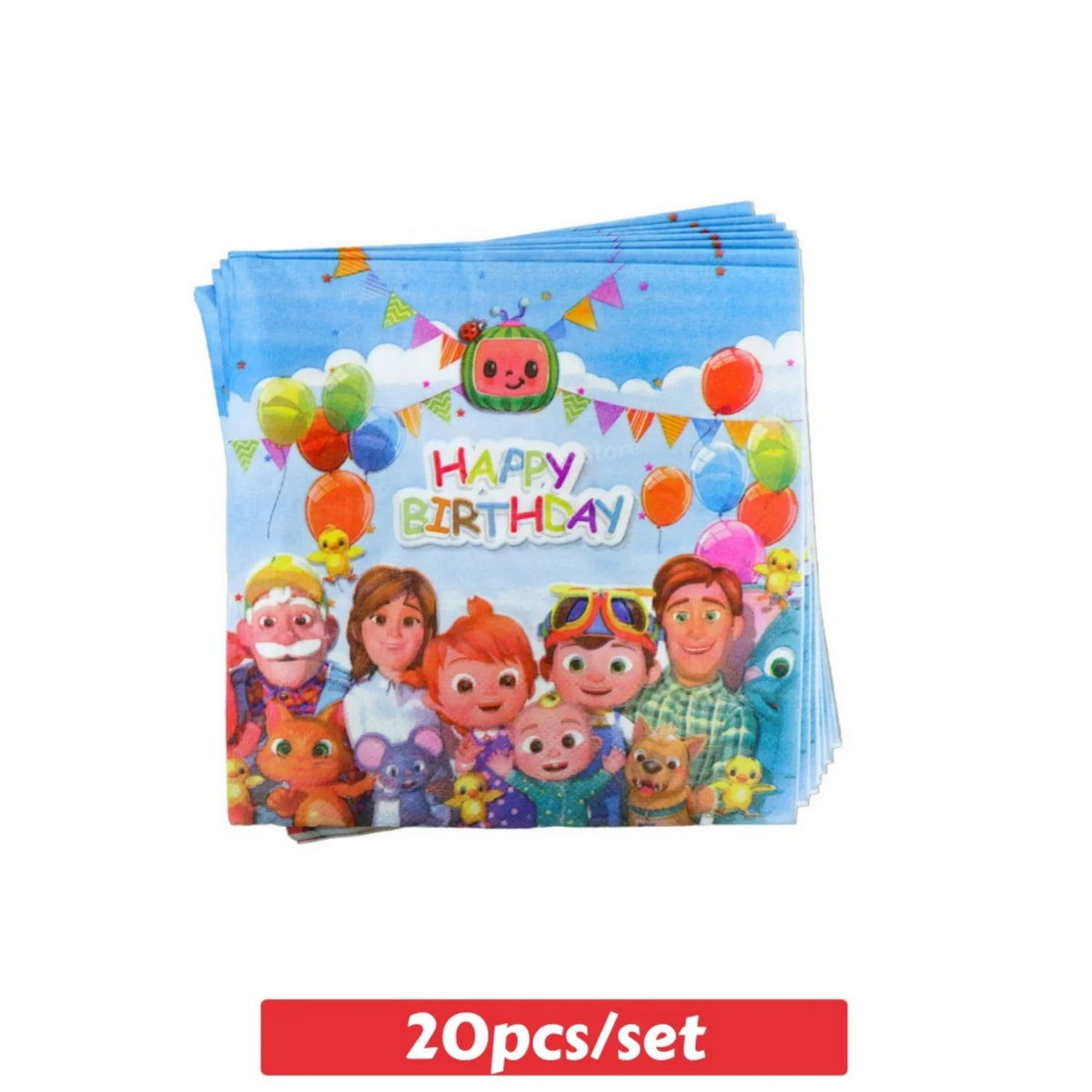 A set of colorful party supplies featuring balloons and characters for a birthday celebration.