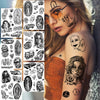 A close-up of a woman with temporary chicano style tattoos on her arm and face, featuring detailed black and gray artwork.