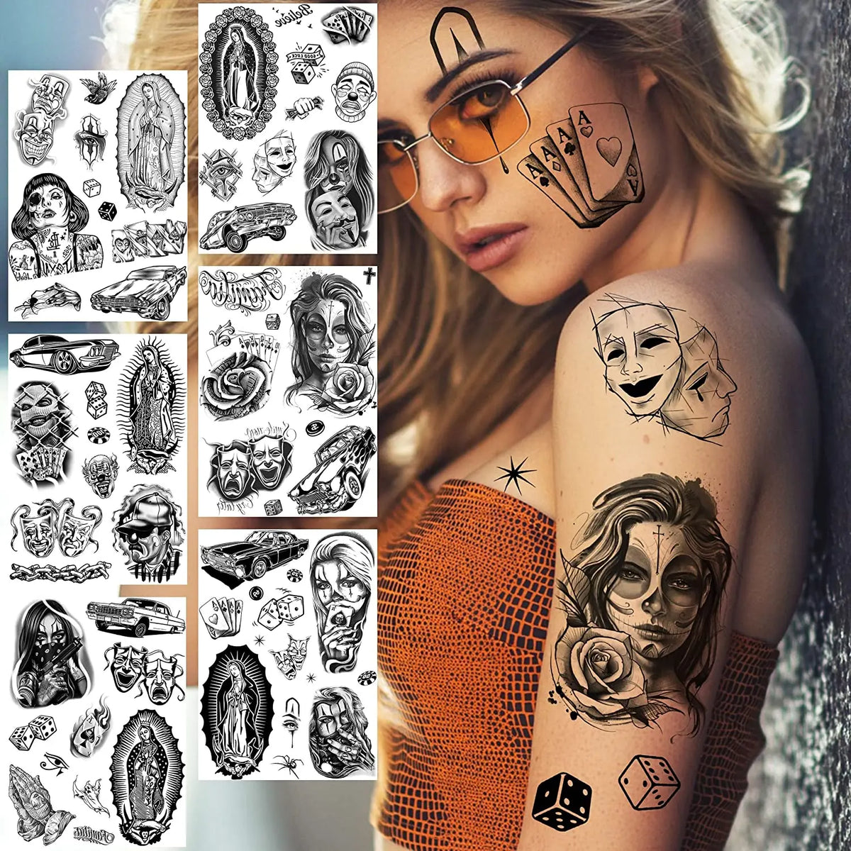 A close-up of a woman with temporary chicano style tattoos on her arm and face, featuring detailed black and gray artwork.
