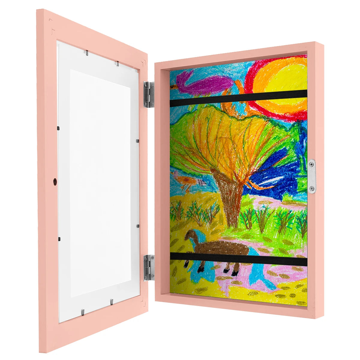 A pink wooden display frame showing a vibrant painting of a tree and landscape.