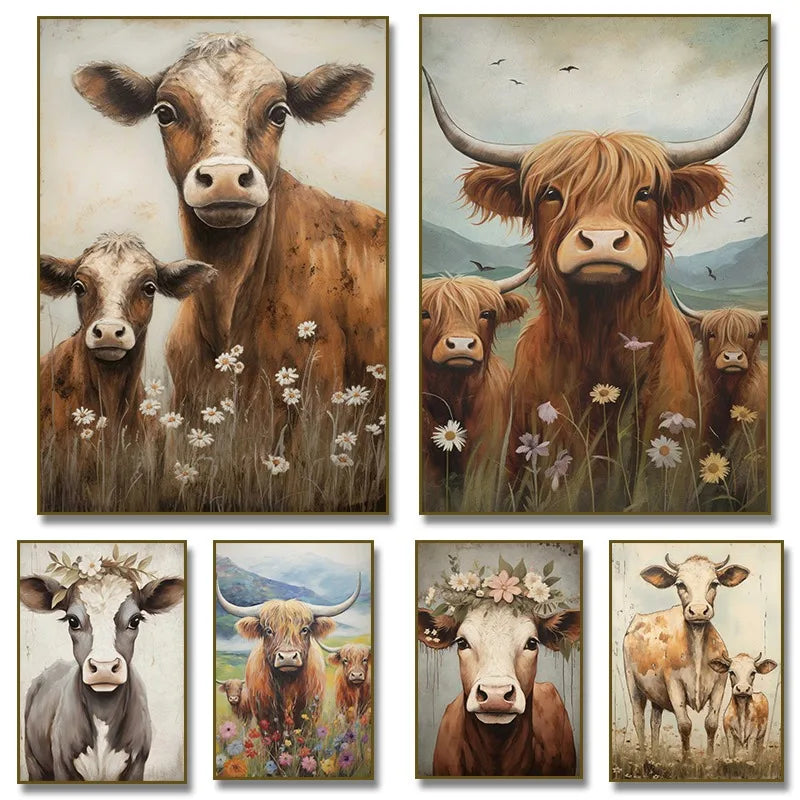 A collection of rustic farmhouse highland cow canvas wall art featuring various brown and gray cows.