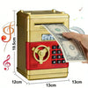 A gold and red ATM-style piggy bank with a lock is shown next to a hand holding a banknote.