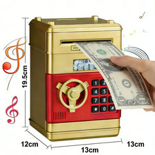 A gold and red ATM-style piggy bank with a lock is shown next to a hand holding a banknote.