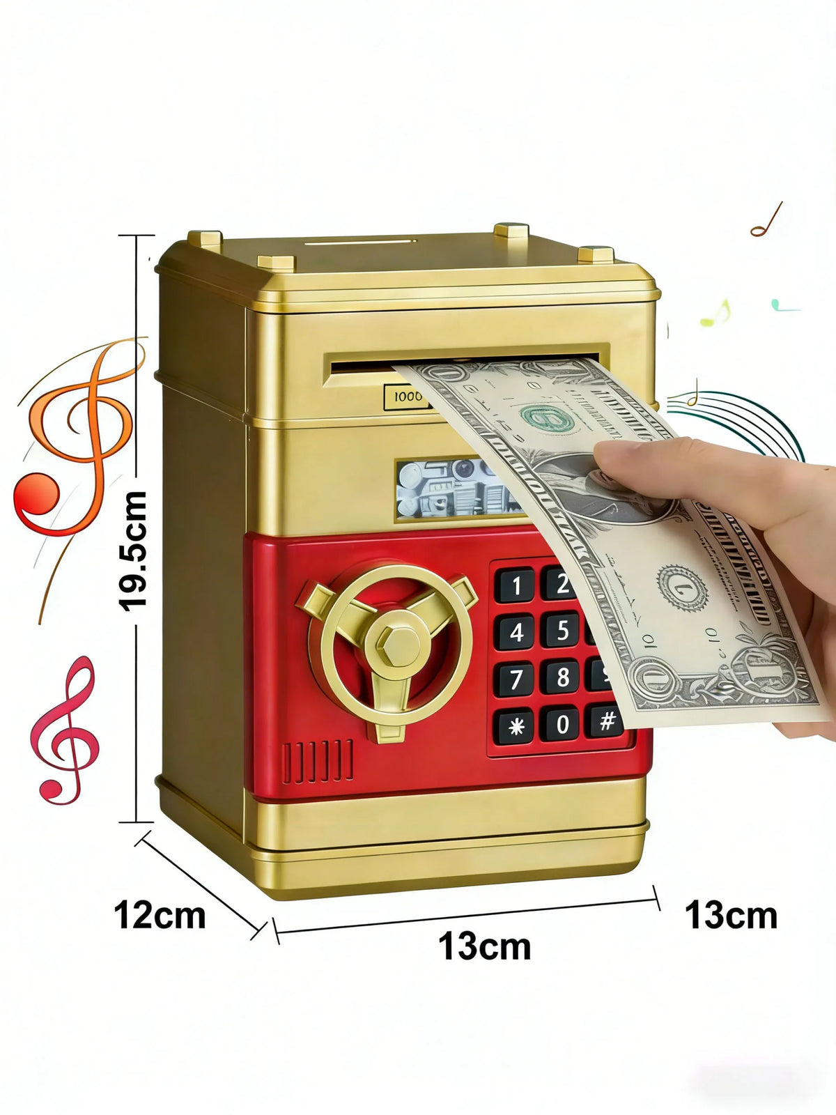 A gold and red ATM-style piggy bank with a lock is shown next to a hand holding a banknote.