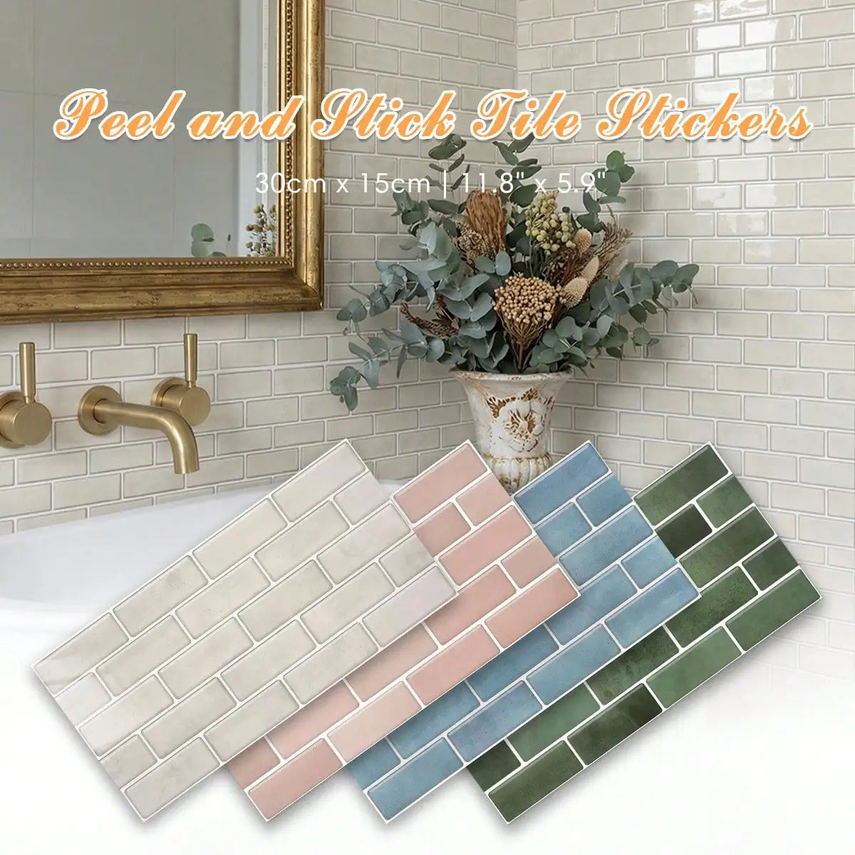 A set of six peel and stick tile stickers in various shades of beige, pink, blue, and green displayed against a white subway 