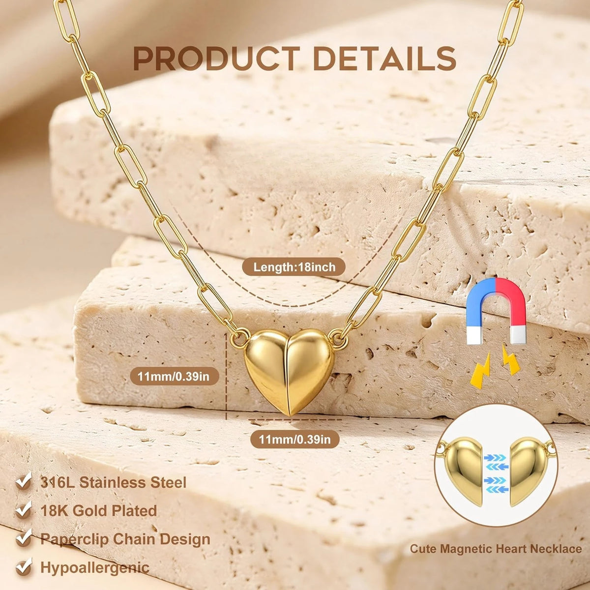 A gold plated heart pendant necklace is displayed on a light background with stacked blocks.