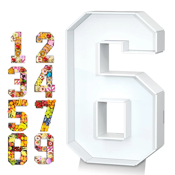 A set of fillable cardboard numbers 1 through 9 displayed next to a large, white number 6.
