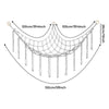 A beige cotton corner toy hammock for stuffed animals and plushies, shown with dimensions.