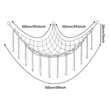A beige cotton corner toy hammock for stuffed animals and plushies, shown with dimensions.