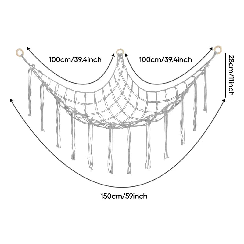 A beige cotton corner toy hammock for stuffed animals and plushies, shown with dimensions.