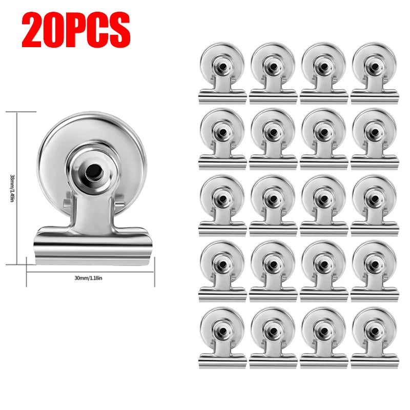 20 pieces of heavy duty silver magnetic fridge clips for securing items.