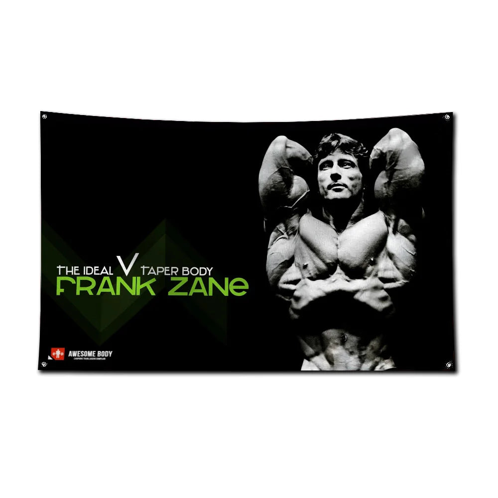 A black flag featuring a muscular man's portrait and text promoting the ideal taper body.
