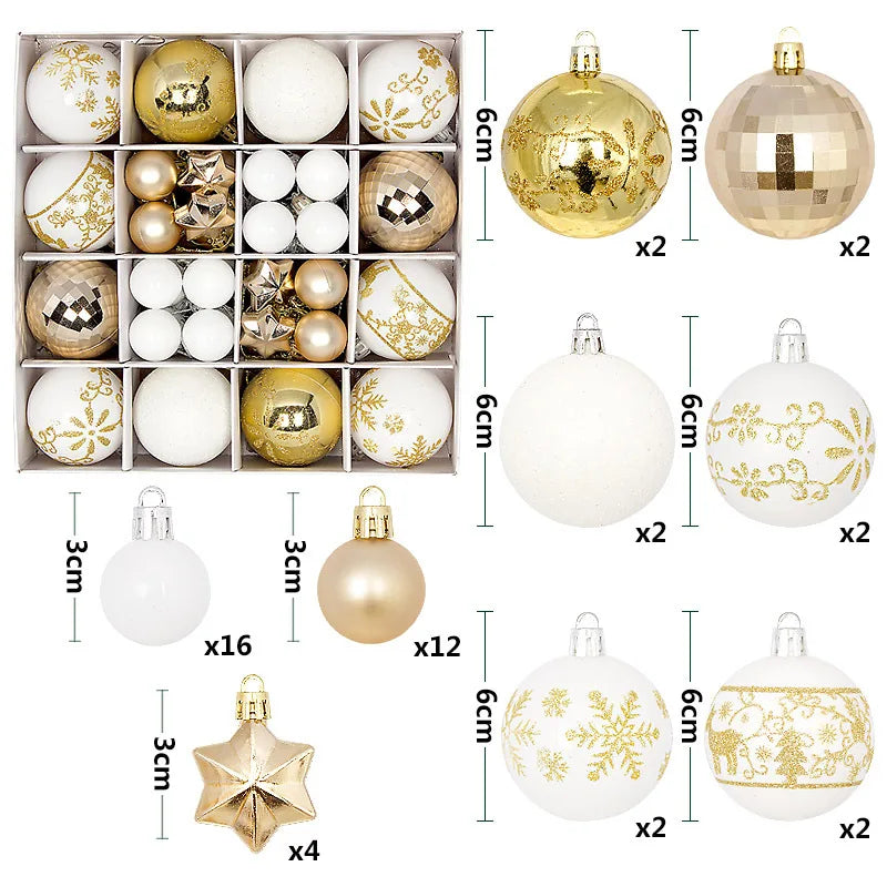 A collection of festive Christmas ornaments featuring various designs including gold, white, and silver finishes with snowfla
