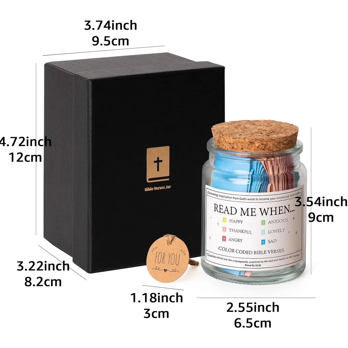 A black box containing a glass jar of Bible verses for prayer and comfort.