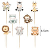 A set of 24 jungle animal cake toppers featuring various cute animals like a giraffe, monkey, elephant, and lion.