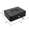 A black metal cash storage box with a lock, shown from above and with dimensions.