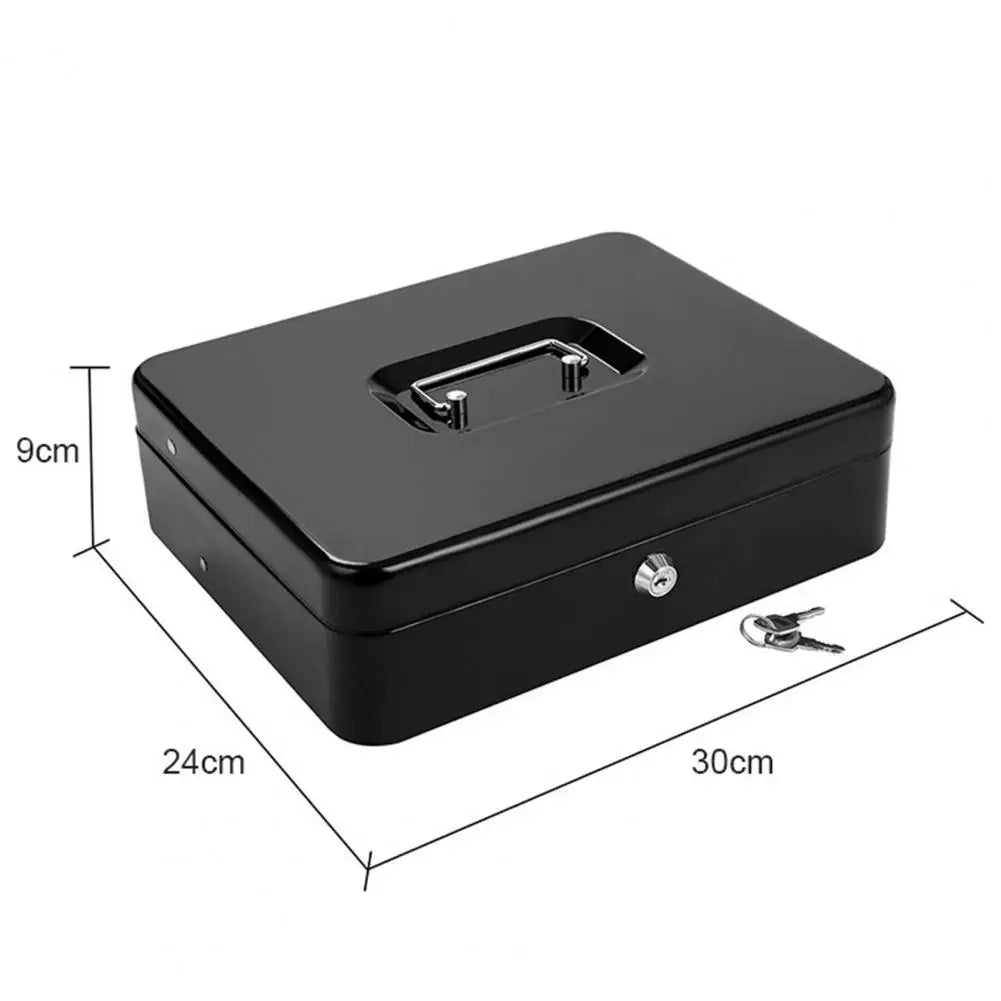 A black metal cash storage box with a lock, shown from above and with dimensions.
