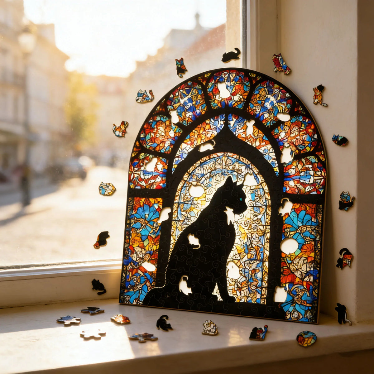 A decorative stained glass panel featuring a black cat silhouette and colorful floral patterns, displayed in a window frame.
